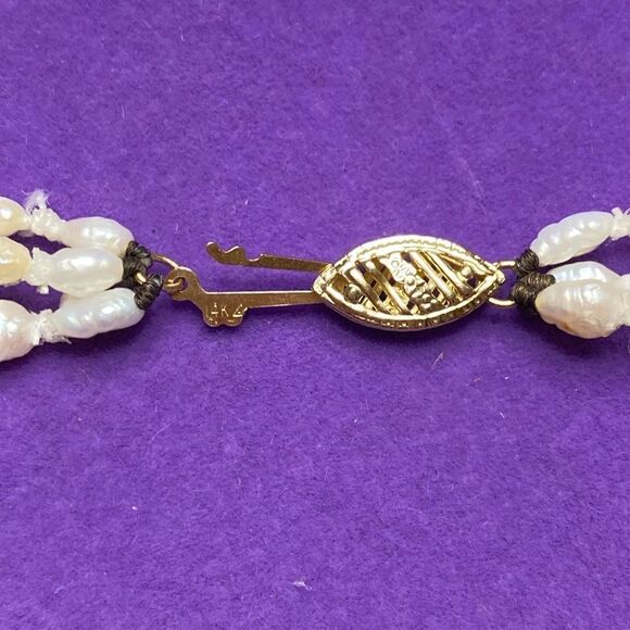 💛 Vintage 14k Yellow Gold Pearl & Gold Bead Triple Strand Necklace - Picture 3 of 4